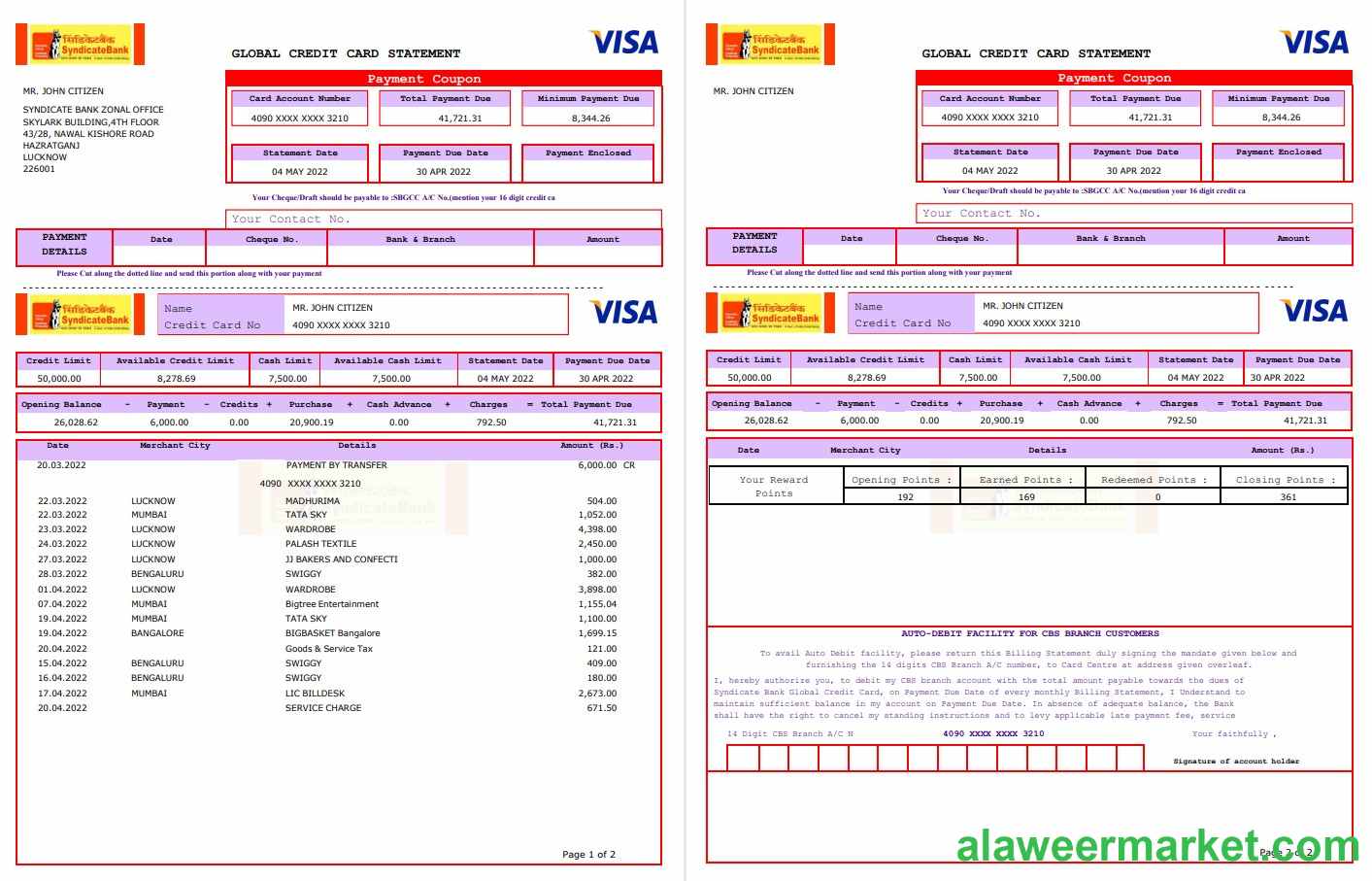 USA Syndicate bank credit card statement 3 pages